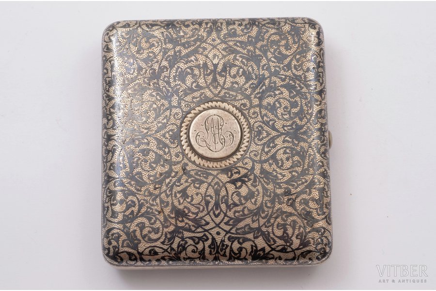 cigarette case, silver, 84 standard, 124.2 g, niello enamel, gilding, 9.7 х 6.3 х 2 cm, 1891, Moscow, Russia