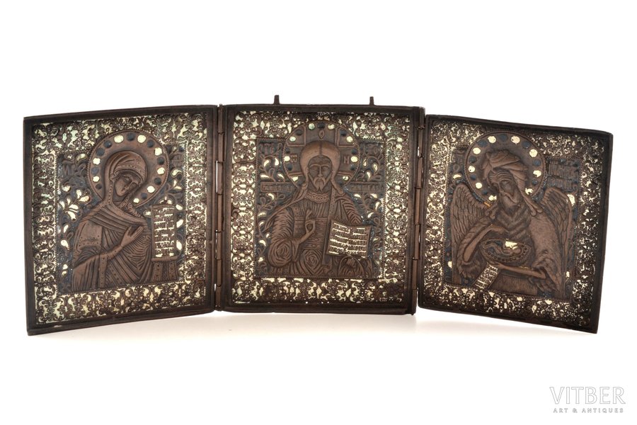 icon with foldable side flaps, Deesis: Jesus Christ, Holy Virgin Mary and St. John the Baptist, copper alloy, 2-color enamel, Russia, the middle of the 19th cent., 42.3 x 16.5 x 0.2-0.5 cm, 1272 g.