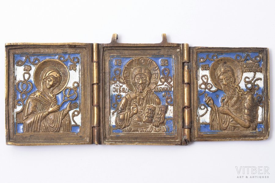 icon with foldable side flaps, Deesis: Jesus Christ, Holy Virgin Mary and St. John the Baptist, Vyg, copper alloy, 4-color enamel, Russia, the 18th cent., 11.3 х 4.2 cm