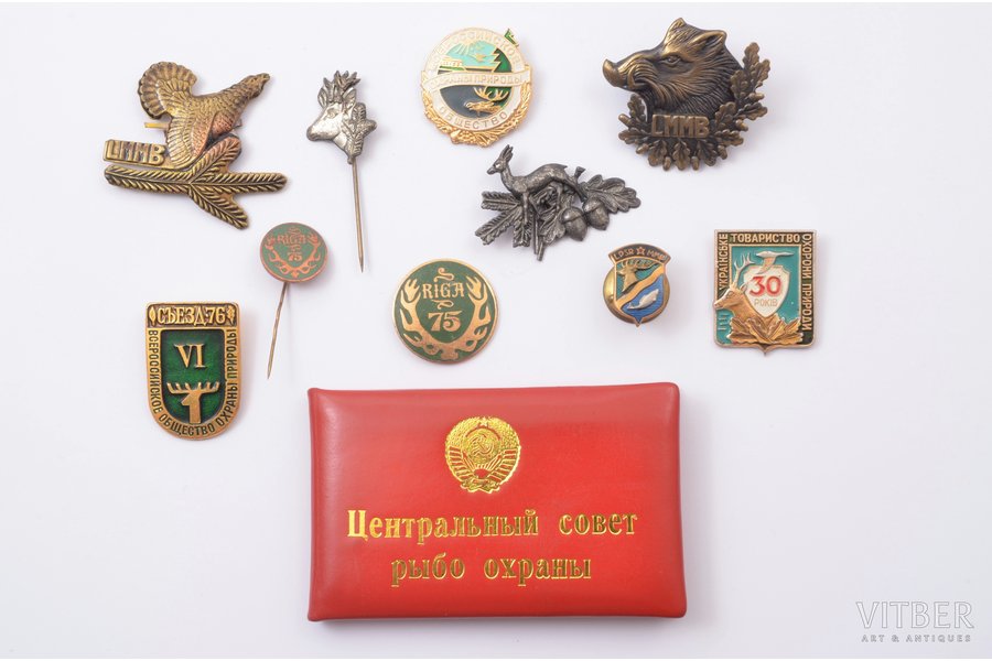 document, set of badges, hunting-themed badges and a certificate of the Central Council of Fish Conservation, Latvia, USSR, 60-70ies of 20 cent., Artur Katlap Yazepovich Deputy of the Supreme Council of the LSSR of the 5th and 6th convocations, Chairman of the Latvian Society for the Protection of Nature and Monuments