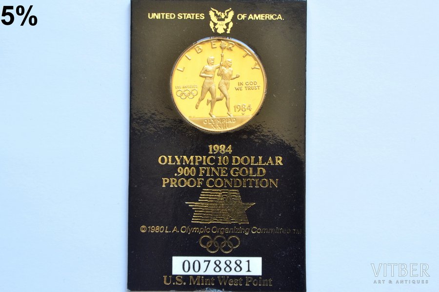ASV, 10 dolāri, 1984 g., "1984. gada vasaras olimpiskās spēles, Losandželosa", zelts, 900 prove, 16.718 g, tīra zelta svars 15.05 g, KM# 211