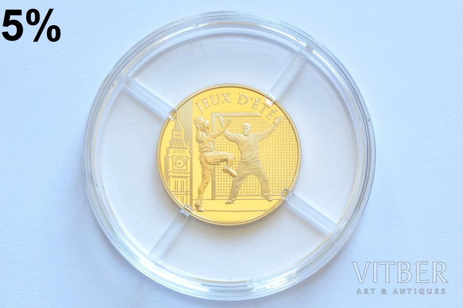 Francija, 50 eiro, 2010 g., "XXX Olimpiskās spēles Londonā 2012, Handbols", zelts, 920 prove, 8.45 g, tīra zelta svars 7.78 g, KM# 1719