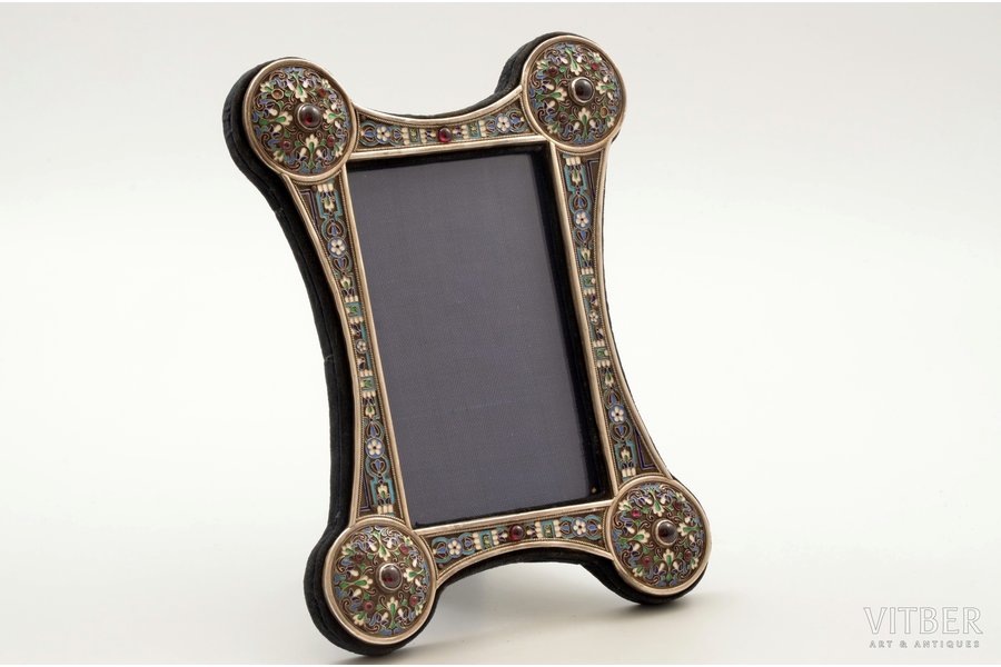 photo frame, silver, 84 standard, 408.8 g, (item weight), cloisonne enamel, garnet, 22.3 х 17 cm, Ivan Khlebnikov factory, the end of the 19th century, St. Petersburg, Russia, missing 2 small stones