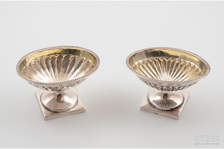 pair of saltcellars, silver, 84 standard, 106.1 g, 5.1(h) x 8.4 x 6.2 cm, by Serebryanikov Fedor Ilyich, end of the 18th century, Moscow, Russia