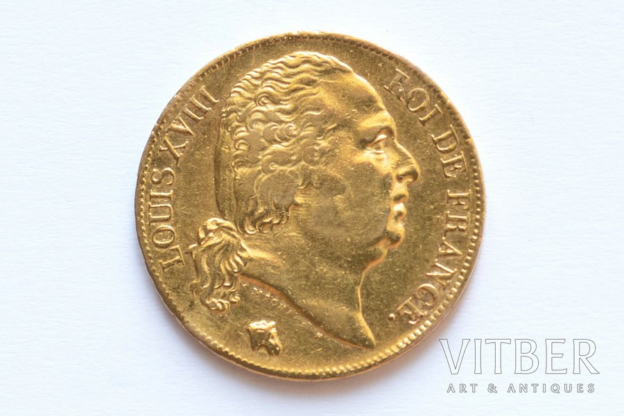 France, 20 francs, 1824, Louis XVIII, gold, fineness 900, 6.45161 g, fine gold weight 5.806 g, F# 519, KM# 712, actual weight 6.41 g