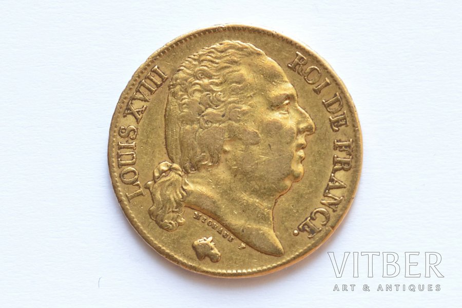 France, 20 francs, 1820, Louis XVIII, gold, fineness 900, 6.45161 g, fine gold weight 5.806 g, F# 519, KM# 712, actual weight 6.39 g