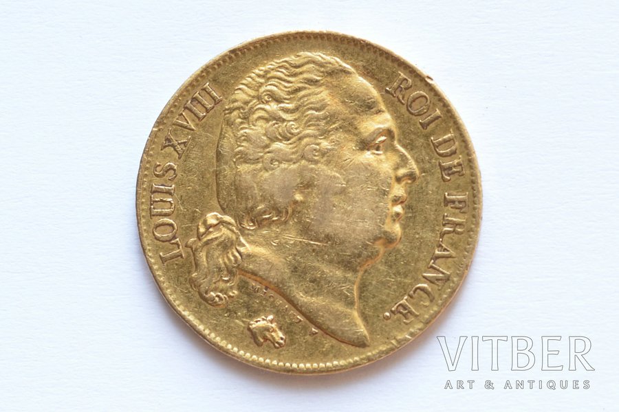 France, 20 francs, 1820, Louis XVIII, gold, fineness 900, 6.45161 g, fine gold weight 5.806 g, F# 519, KM# 712, actual weight 6.38 g
