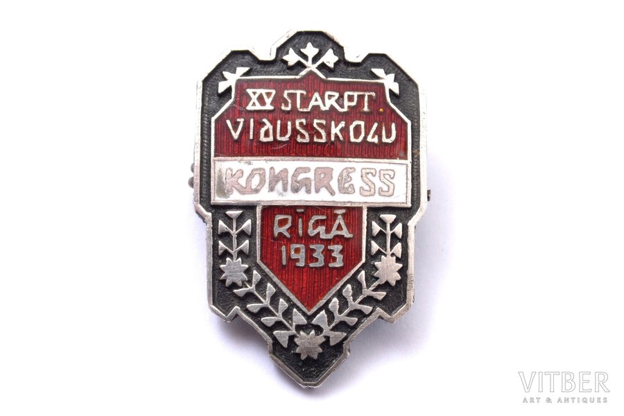 badge, XV International Congress of secondary schools in Riga, silver, Latvia, 1933, 28.4 x 18.3 mm, 5.12 g
