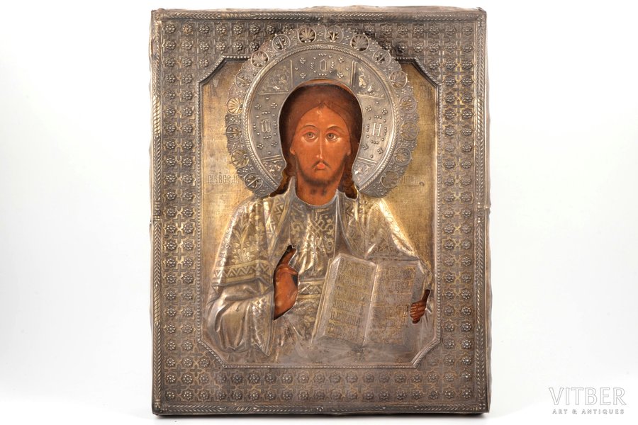 icon, Jesus Christ Pantocrator, board, painting, silver oklad, 84 standard, St. Petersburg, Russia, 1871, 31.5 x 26.5 cm