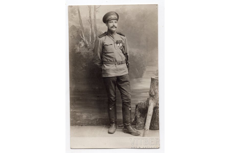 фотография, солдат с наградами, Российская империя, начало 20-го века, 13.4x8.3 см