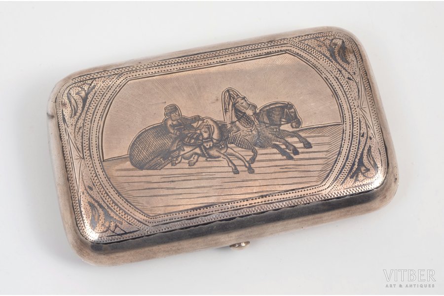 cigarette case, silver, "Troika", 84 standard, 124.2 g, engraving, niello enamel, 10.5 х 6.45 х 2.2 cm, workshop of Ivan Yakovlevich Grishin, 1888, Moscow, Russia