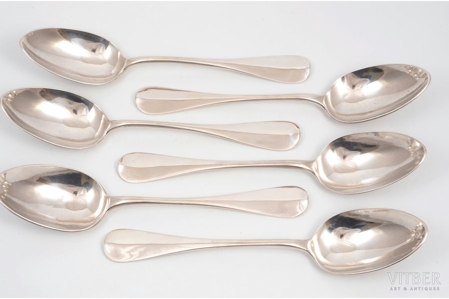 set of soup spoons, silver, 84 standard, 495.7 g, 21.5 cm, Iganty Sazikov's firm "Sazikov", 1879, Moscow, Russia