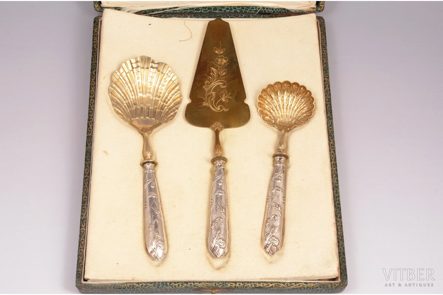 flatware set, silver, steel, 800 standard, gilding, 16.3-24.3 cm, the beginning of the 20th cent., France, in a box
