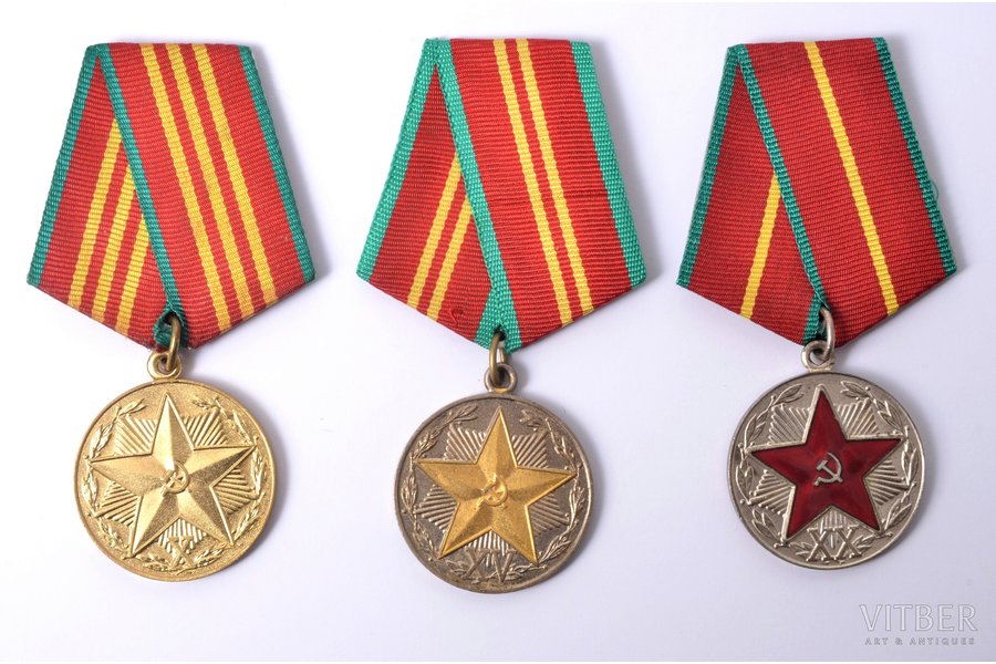 комплект из 3-ёх медалей "За безупречную службу": выслуга 10, 15 и 20 лет в КГБ, 1-я степень, 2-я степень, 3-я степень, СССР, 70е-80е годы 20-го века