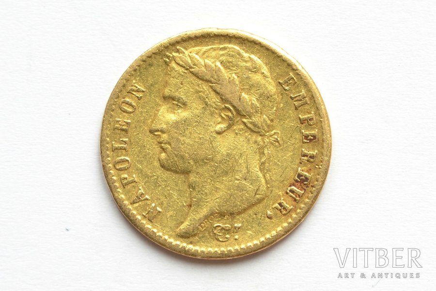 Франция, 20 франков, 1812 г., "Наполеон I", золото, 900 проба, 6.45161 г, вес чистого золота 5.806 г, F# 516, KM# 695, фактический вес 6.40 г