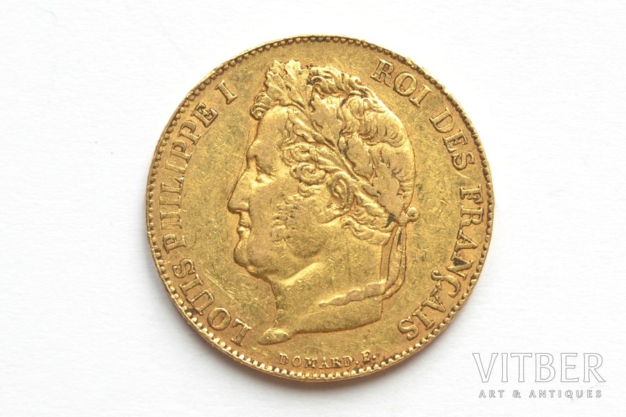 Франция, 20 франков, 1834 г., "Луи-Филипп I", золото, 900 проба, 6.45161 г, вес чистого золота 5.806 г, F# 527, KM# 750, фактический вес 6.43 г