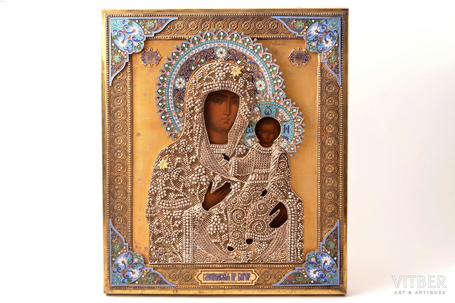 icon, Our Lady of Smolensk, board, silver, painting, guilding, cloisonne enamel, filigree, oklad weight 1101 g, 88 standard, Antip Ivanovich Kuzmichev's factory, Moscow, Russia, 1890, 32.8 х 28.5 х 2.7 cm