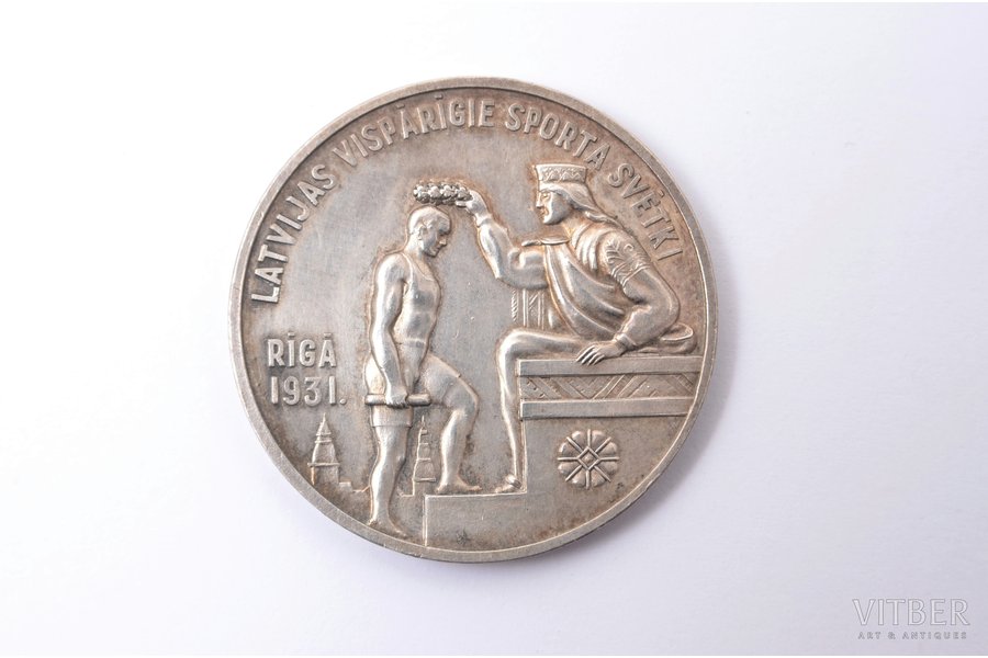 medal, 2nd place, swordplay, Latvian general sports festival in Riga, silver, Latvia, 1931, Ø 32.2 mm, 14.77 g, by V. Millers
