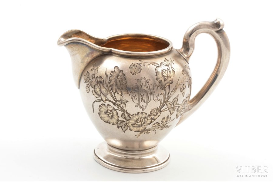 cream jug, silver, 84 standard, 182 g, engraving, 10.5 cm, Varvara Baladanova factory, 1896-1908, Moscow, Russia