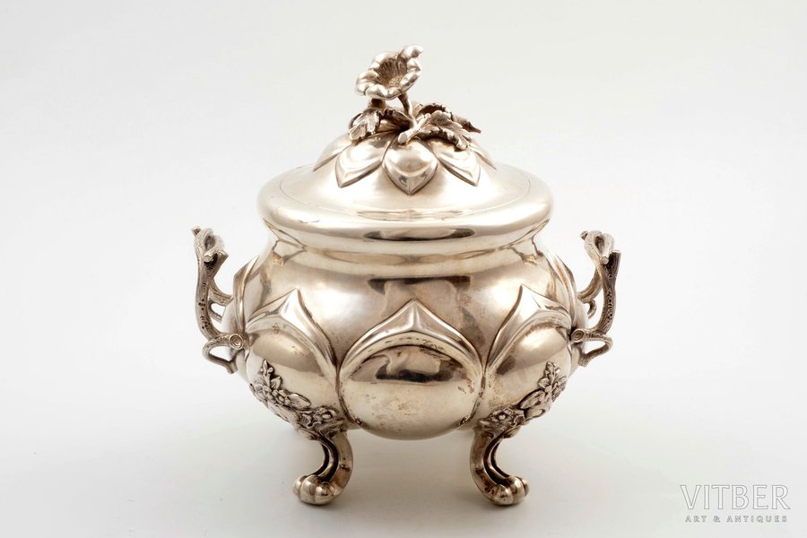 sugar-bowl, silver, 84 standard, 491.85 g, engraving, gilding, silver stamping, 22 cm, George Heinrich Schmidt, 1855, Riga, Russia