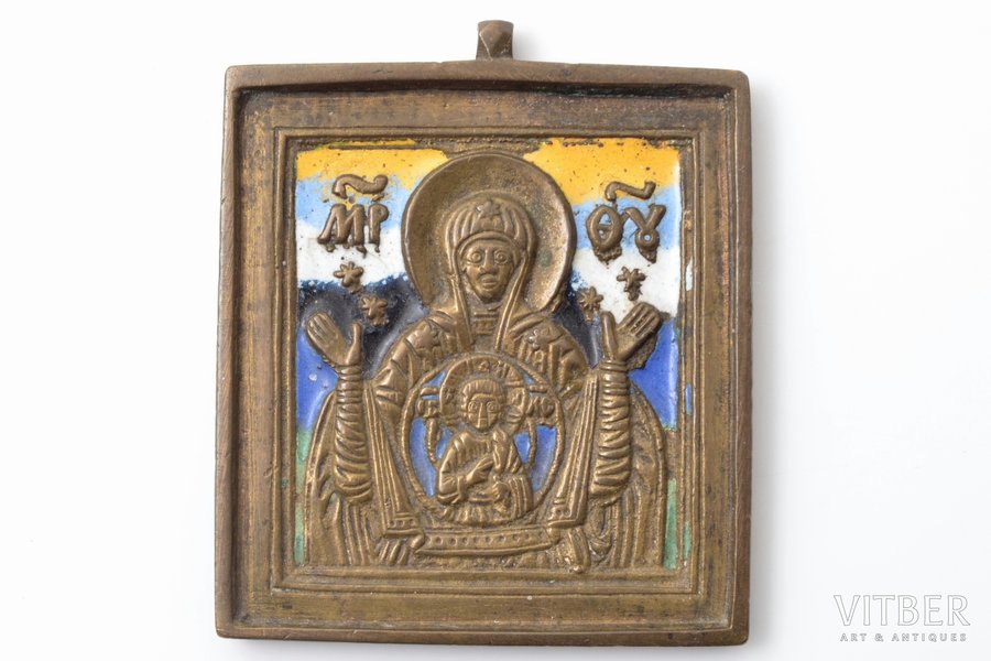 икона, Богоматерь Знамение (Оранта), медный сплав, 6-цветная эмаль, Российская империя, 19-й век, 6 х 5.2 см