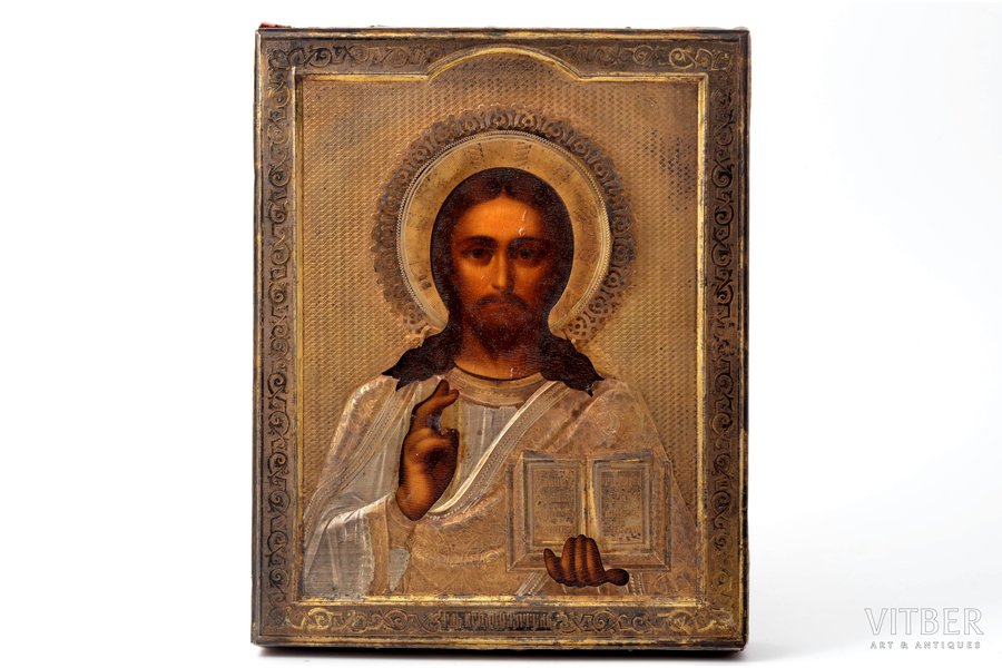 ikona, Jēzus Kristus Pantokrators (Visavaldītājs), dēlis, gleznojums, zeltījums, sudraba uzlika, 84 prove, Krievijas impērija, 1896-1908 g., 22.2 х 17.3 х 2.7 cm
