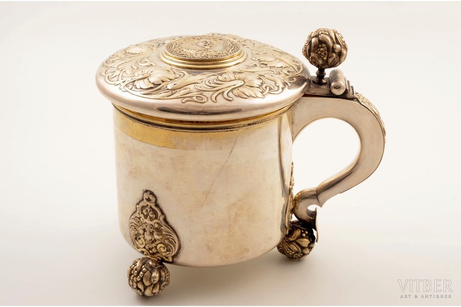 beer mug, silver, "Gustav II Adolf - King of Sweden", 830 standard, 1066 g, gilding, silver stamping, H 18.3 / Ø 15.5 cm, 1904-1905, Sweden
