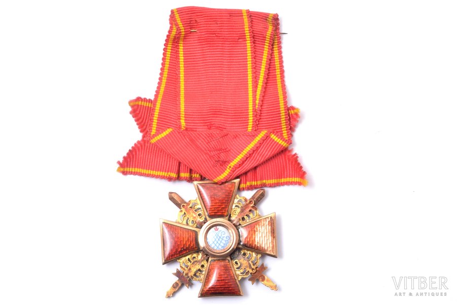 order, the Order of Saint Anna with swords, 3rd class, gold, 56 standard, Russia, the end of 19th century, 39 х 35.5 mm, "Эдуардъ", enamel chip
