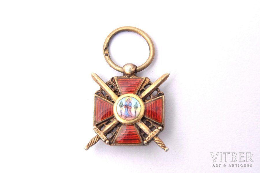 miniature badge, the Order of Saint Anna with swords, gold, 56 standard, Russia, the end of 19th century, 14 х 13 mm, 1.45 g