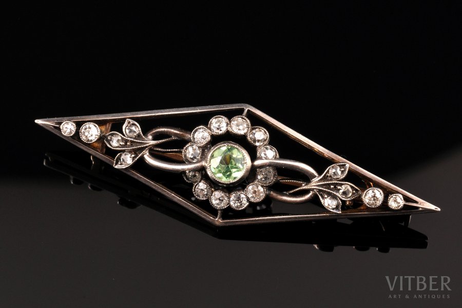 a brooch, in an original case, gold, 56 standard, 5.55 g., the item's dimensions 5.3 x 1.6 cm, diamonds, the beginning of the 20th cent., ''Alexander Tillander'' firm, Russia, French import mark