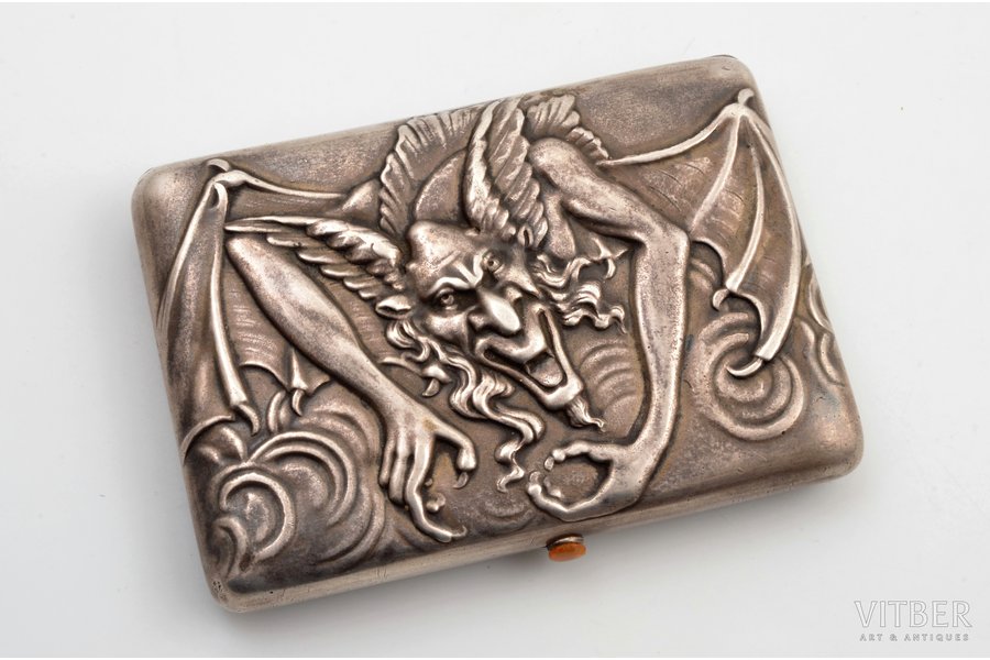 cigarette case, silver, Mephistopheles, 84 standard, 308.6 g, gilding, 11.8 х 8.35 х 1.9 cm, by V.Civkin, 1908-1917, Kiev, Russia