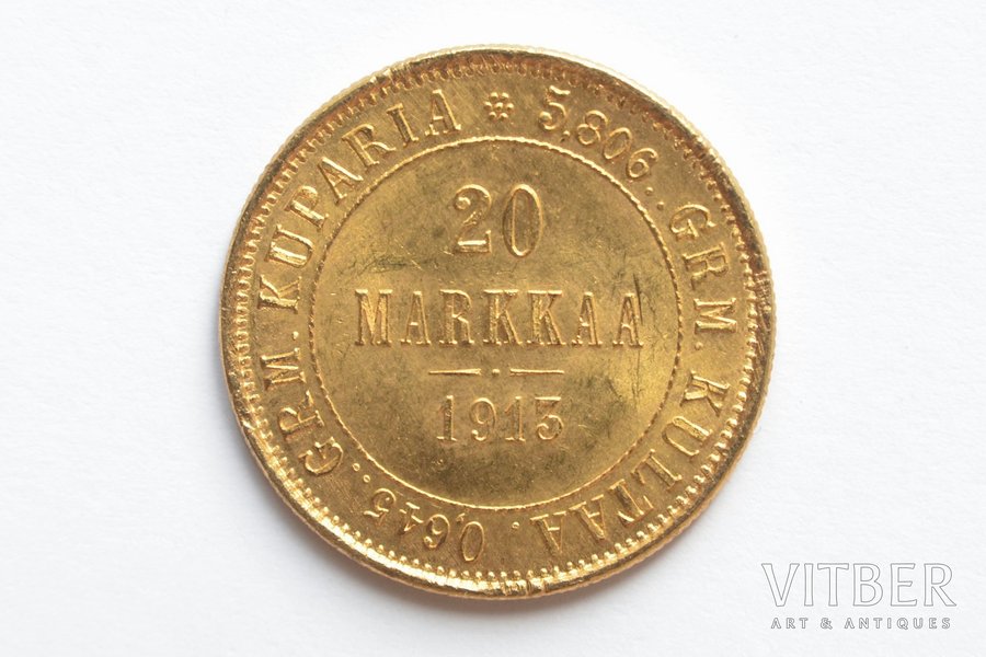 Finland, 20 marks, 1913, Nikolai II, gold, fineness 900, 6.4516 g, fine gold weight 5.806 g, KM# 9, Schön# 9, actual weight 6.45 g