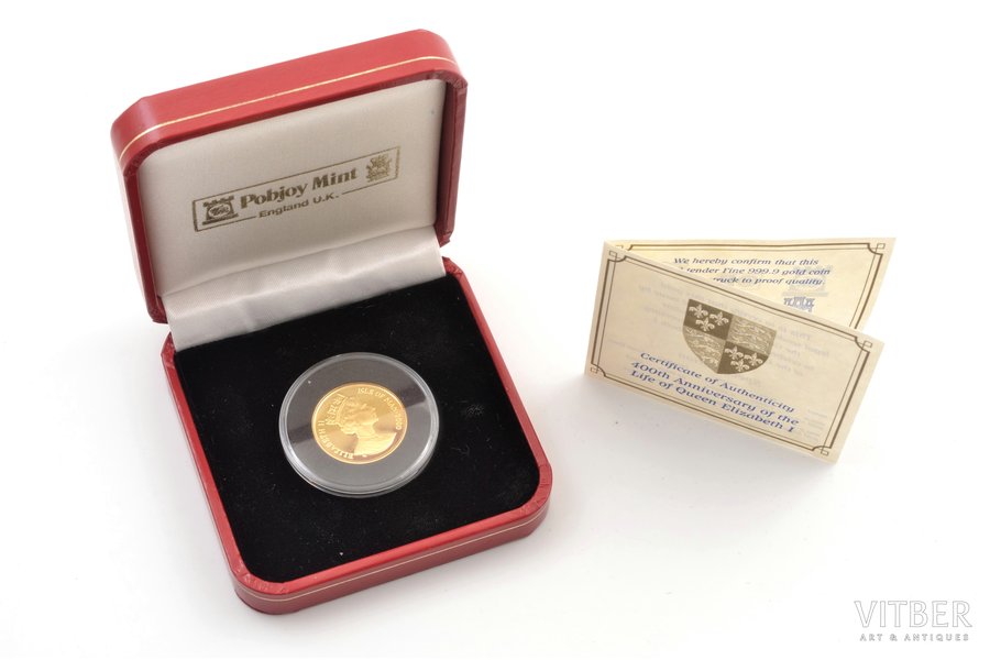 Isle of Man, 1/5 crown, 2000, 100th Birthday of the Queen Mother, gold, fineness 999.9, 6.22 g, fine gold weight 6.22 g, KM# 1048