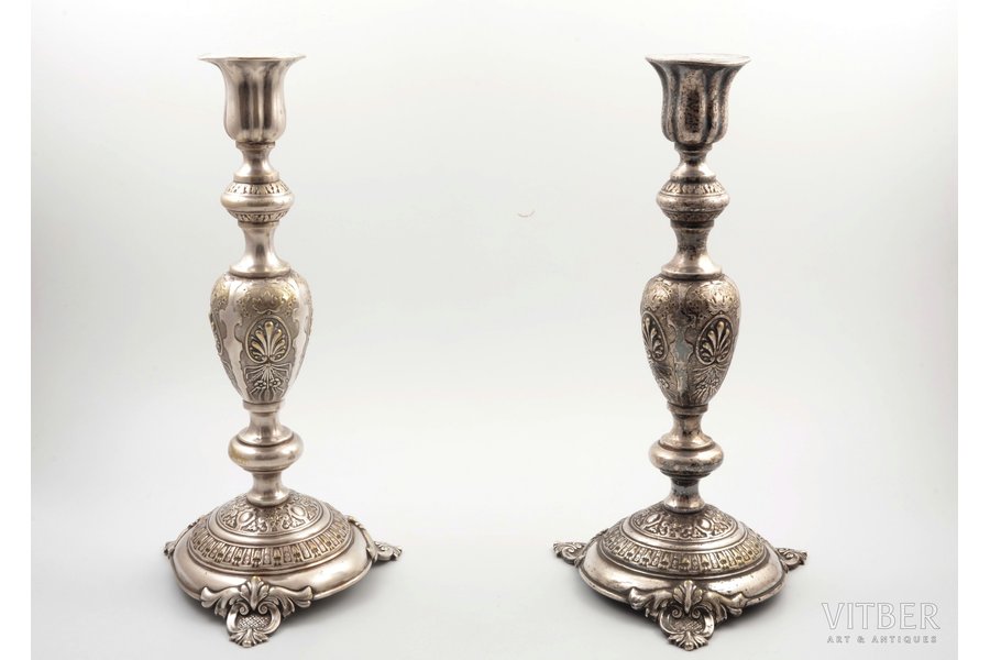pair of candlesticks, Fraget w Warszawie, silver plated, Russia, Congress Poland, the border of the 19th and the 20th centuries, 34 cm