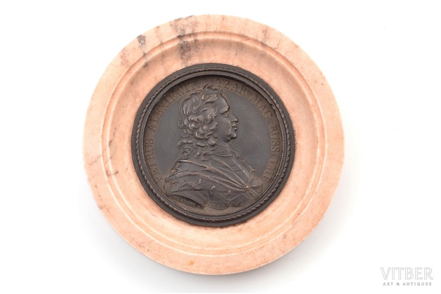 table medal, Peter I, bronze, marble, Russia, 1882, Ø 99 / Ø ~ 58 mm