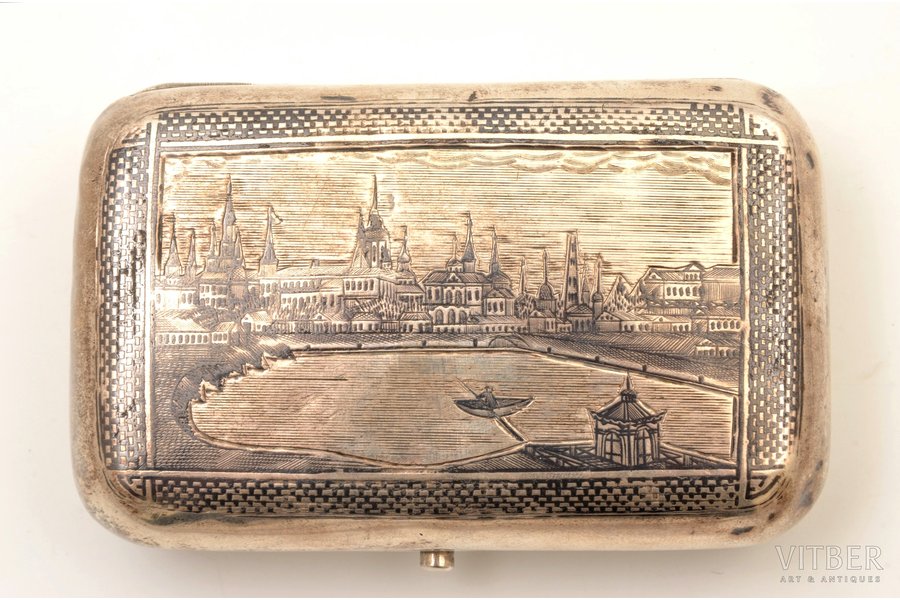 snuff-box, silver, 84 standard, 143.5 g, niello enamel, gilding, 10.6 x 6.6 x 2.95 cm, 1878, Moscow, Russia, dents in the corners, a crack at the hinges