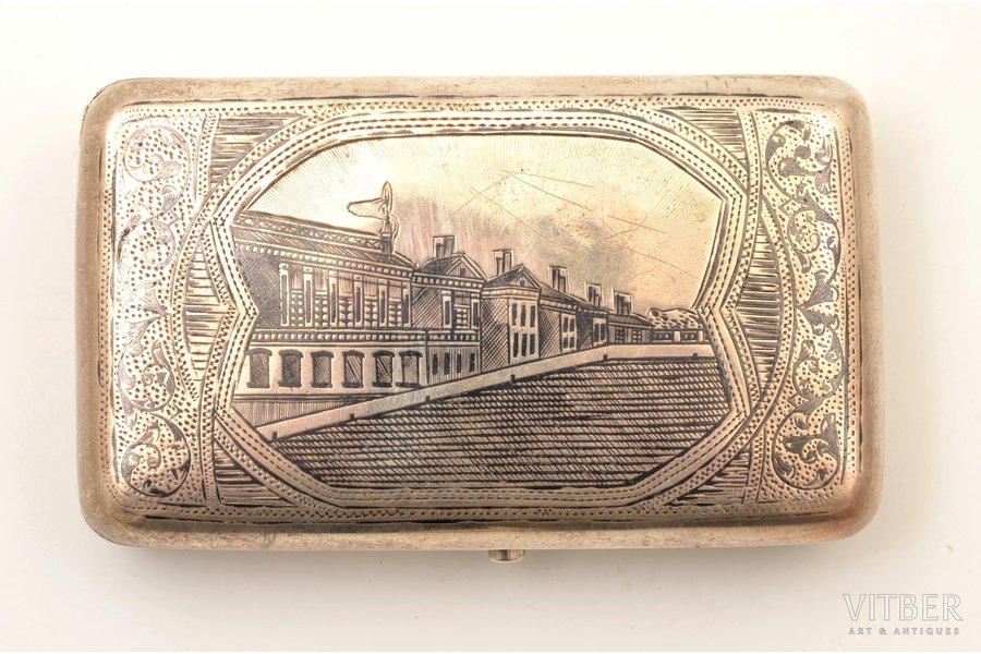 snuff-box, silver, 84 standard, 144 g, niello enamel, gilding, 11.5 x 6.75 x 2.75 cm, 1893, Moscow, Russia, dents in the corners, a crack at the hinges