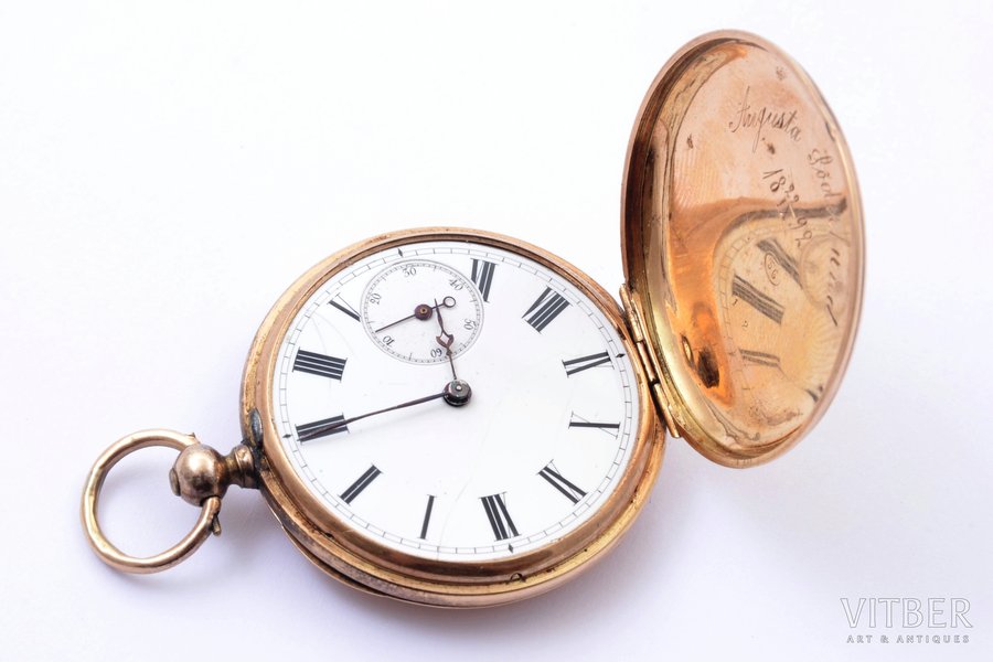 pocket watch, Switzerland, the beginning of the 20th cent., gold, 56, 14 K standart, 29 g, Ø 36 mm, mechanism in working order, key missing, glass missing