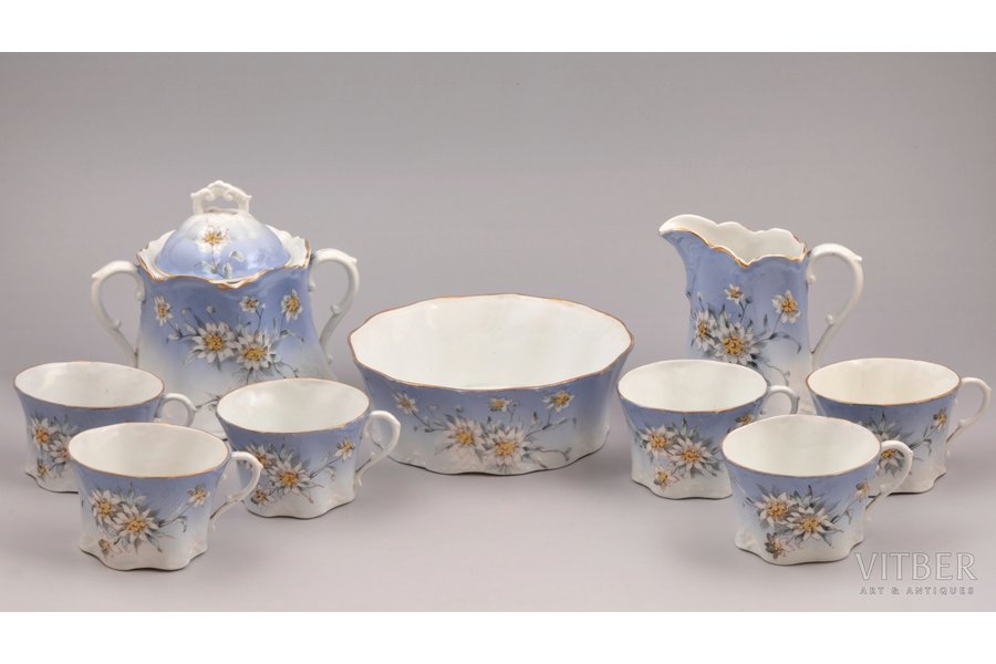 service, 9 items (incomplete set), decal, handpaint elements, porcelain, M.S. Kuznetsov manufactory, Riga (Latvia), Russia, the end of the 19th century, h (cup) 5.3 cm / h (sugar bowl with lid) 13.7 cm / Ø (candy bowl) 16.2 cm, small chip on the edge of candy bowl, cup with 2 hairline cracks