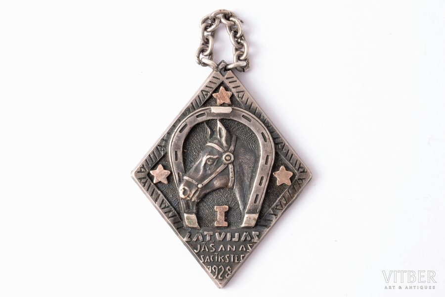 jetton, Latvian horse racing, 1st place, silver, gold, 875 standard, Latvia, 1928, 38.6 x 30.5 mm, 12.13 g