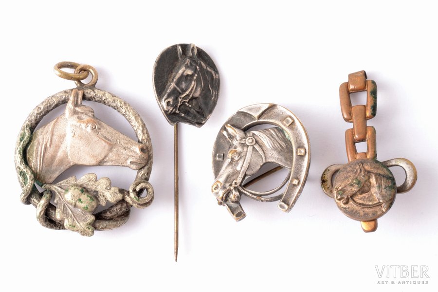 set of badges, horse sports, 4 pcs., silver, metal, beginning of 20th cent., one badge is made of silver