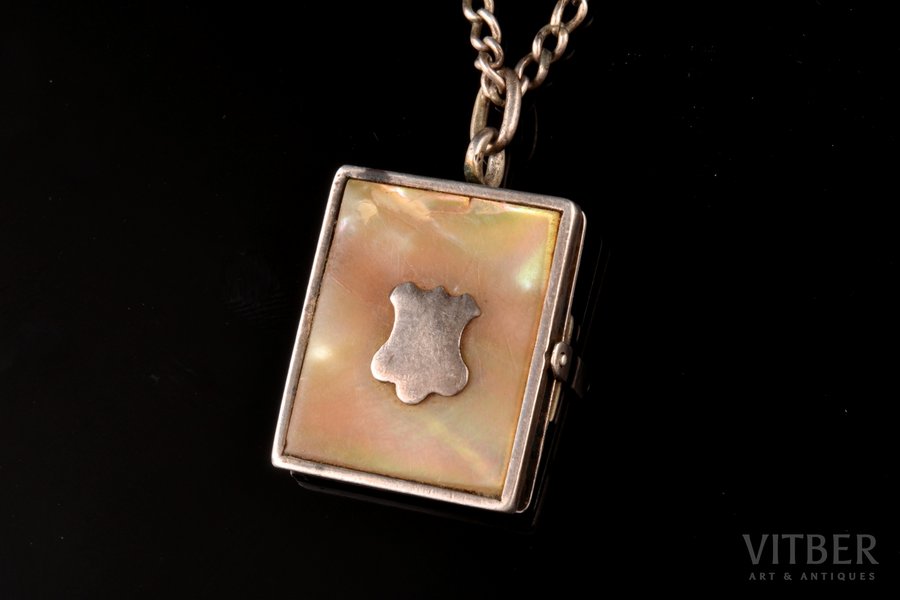 a pendant, Book, with message on pages, silver, 84 standard, 9.20 g., the item's dimensions 2.6 x 1.9 cm, mother-of-pearl, Russia