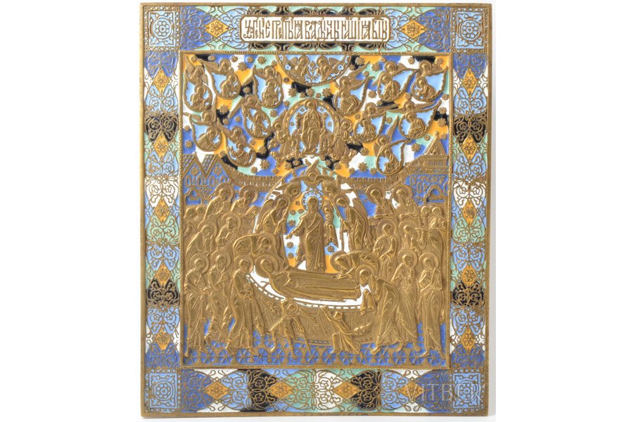 икона, Успение Пресвятой Богородицы (Облачное Успение), медный сплав, 6-цветная эмаль, Российская империя, 19-й век, 28.5 x 24 x 0.5 см, 2500 г.
