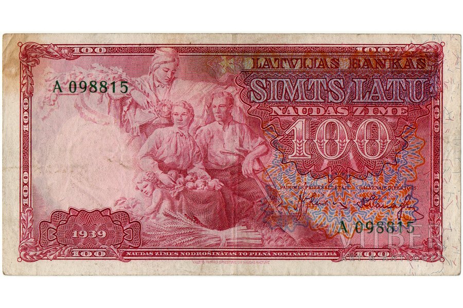 100 latu, banknote, 1939 g., Latvija, XF, VF