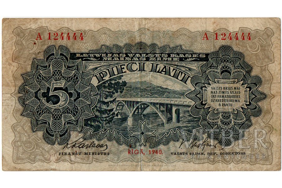 5 lati, banknote, 1940 g., Lat...