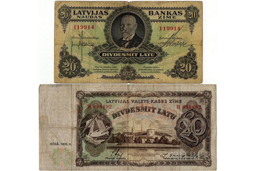 20 lati, banknote, 1925 / 1935 g., Latvija, VF, F