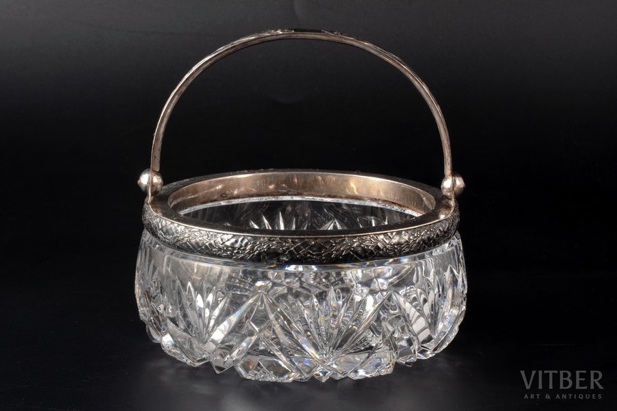 candy-bowl, silver, 875 standard, cut-glass (crystal), Ø 13 cm, h (with handle) 13 cm, the 30ties of 20th cent., Latvia, small chips - traces of everyday use