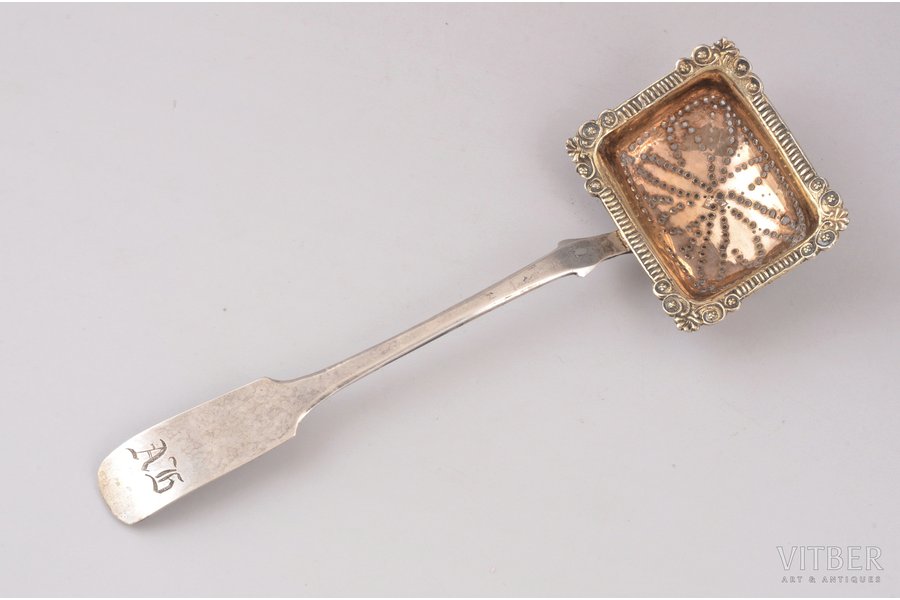 sieve spoon, silver, 84 standard, 32 g, engraving, gilding, 17 cm, 1826, Moscow, Russia