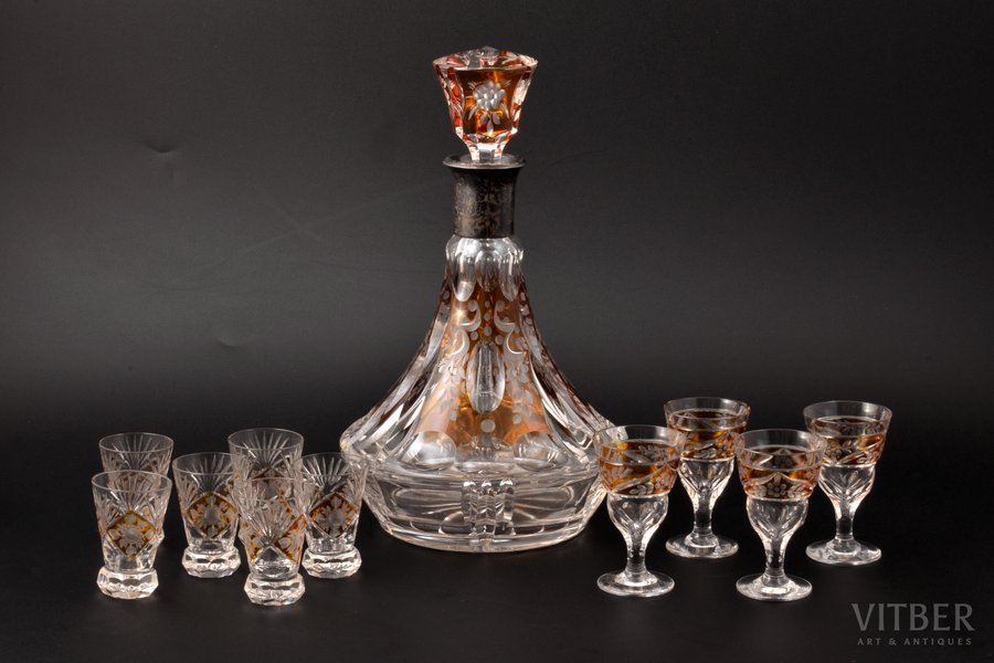 set of carafe and 6 + 4 glasses, silver, 875 standard, colored glass, Latvia, the 30ties of 20th cent., carafe with cork h 25.5 cm, glasses h 4.8 / 7.6 cm