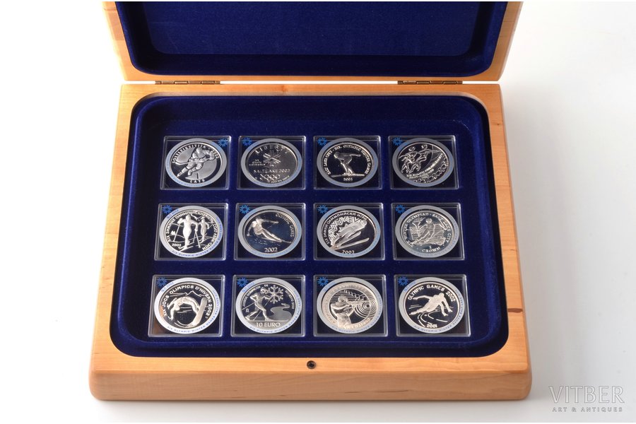 a set of 12 coins "XIX Olympic Winter Games Salt Lake City", 2002, various countries, silver, Proof, in a case
